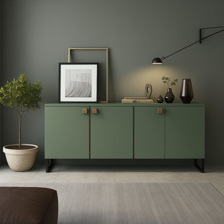 Credenza Verde Marrone Rovere 3 Ripiani 6 Vani 184x40x86h cm, 3 Ante - Carvico