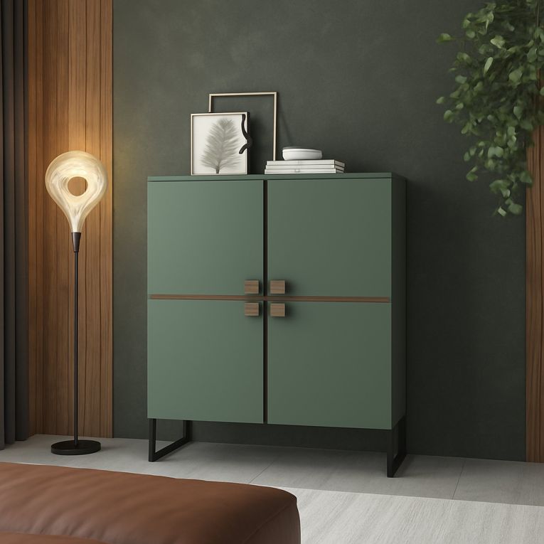 Credenza Verde Marrone Rovere 4 Ripiani 8 Vani 108x40x144h cm, 4 Ante - Guerina