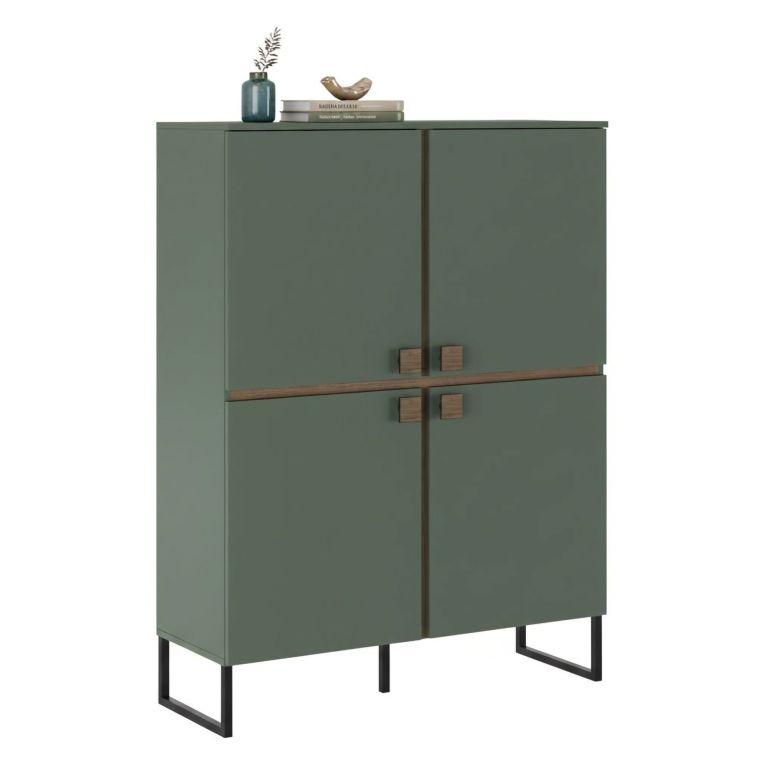 Credenza Verde Marrone Rovere 4 Ripiani 8 Vani 108x40x144h cm, 4 Ante - Guerina