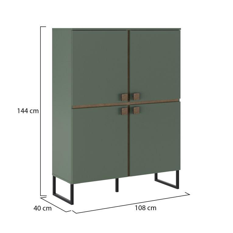 Credenza Verde Marrone Rovere 4 Ripiani 8 Vani 108x40x144h cm, 4 Ante - Guerina