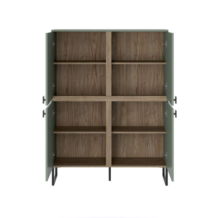 Credenza Verde Marrone Rovere 4 Ripiani 8 Vani 108x40x144h cm, 4 Ante - Guerina