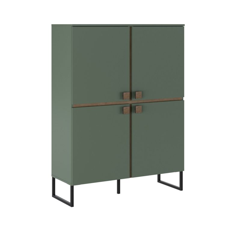 Credenza Verde Marrone Rovere 4 Ripiani 8 Vani 108x40x144h cm, 4 Ante - Guerina