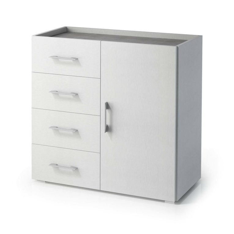 Credenza Violetta, Mobile buffet a 1 anta e 4 cassetti, Madia da soggiorno, Armadietto multiuso con ripiani, 100% Made in Italy, 90x41h87 cm, Bianco