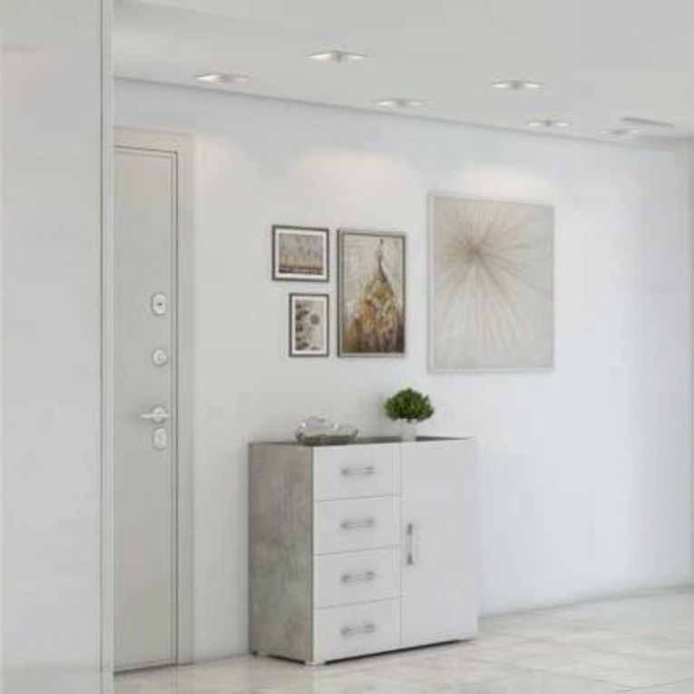 Credenza Violetta, Mobile buffet a 1 anta e 4 cassetti, Madia da soggiorno, Armadietto multiuso con ripiani, 100% Made in Italy, 90x41h87 cm, Bianco e Cemento