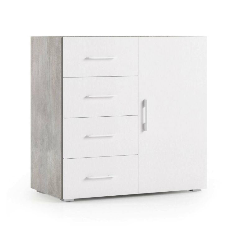 Credenza Violetta, Mobile buffet a 1 anta e 4 cassetti, Madia da soggiorno, Armadietto multiuso con ripiani, 100% Made in Italy, 90x41h87 cm, Bianco e Cemento