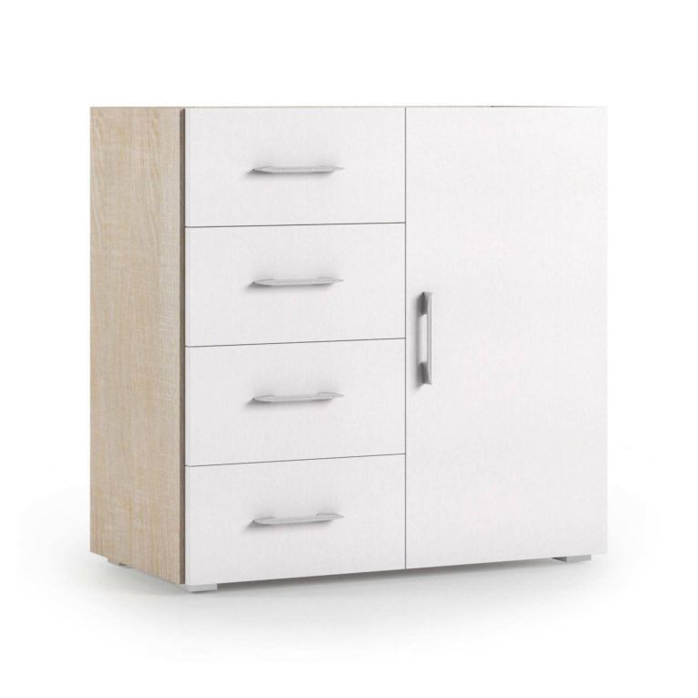 Credenza Violetta, Mobile buffet a 1 anta e 4 cassetti, Madia da soggiorno, Armadietto multiuso con ripiani, 100% Made in Italy, 90x41h87 cm, Bianco e Rovere