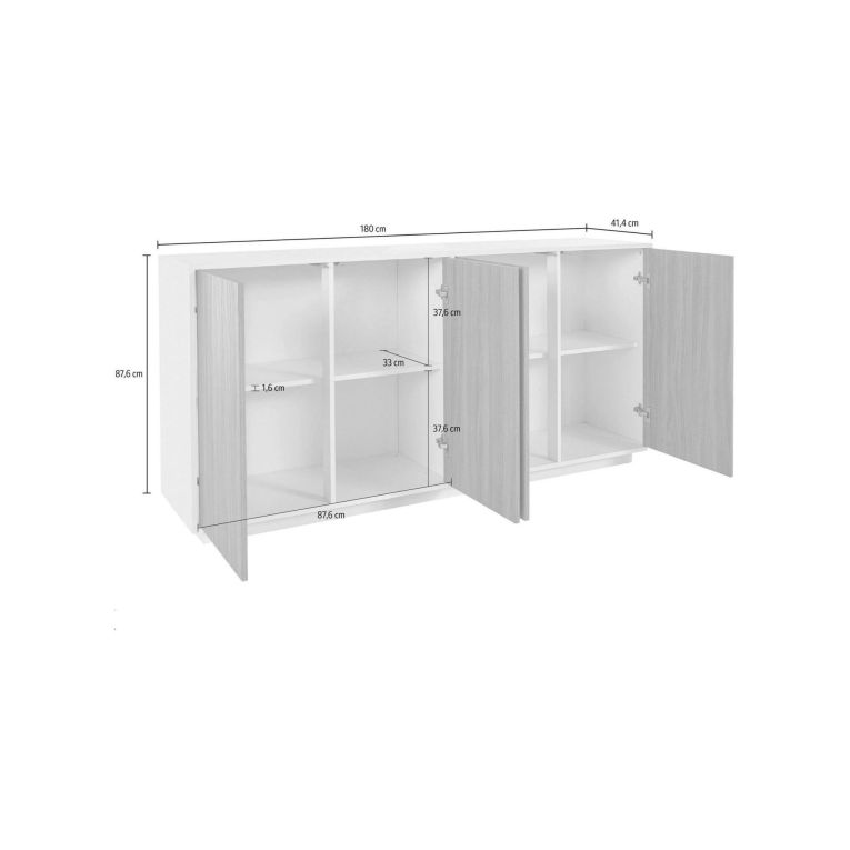 Credenza Virgilio, Madia da cucina a 4 ante, Buffet da soggiorno, 100% Made in Italy, cm 180x41h86, Bianco lucido