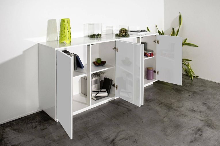 Credenza Virgilio, Madia da cucina a 4 ante, Buffet da soggiorno, 100% Made in Italy, cm 180x41h86, Bianco lucido