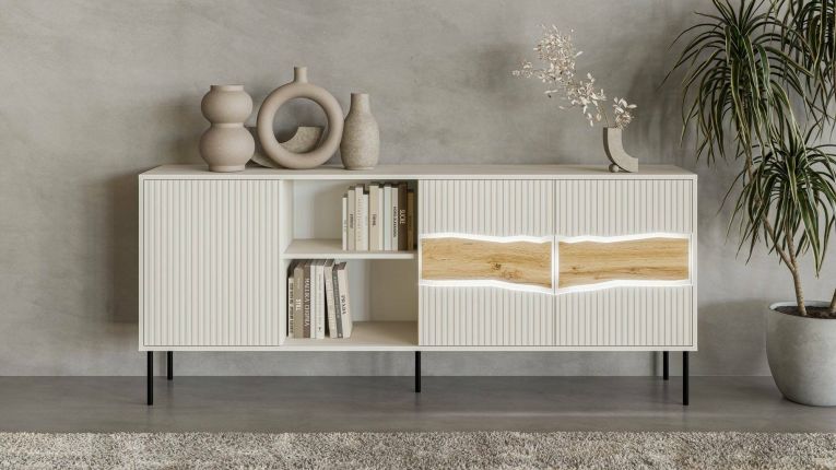 Credenza Viseu, Madia da salotto con tre ante battenti e due vani aperti, Rialzata da terra, 190x40 h80 cm, Beige e Rovere Nodi
