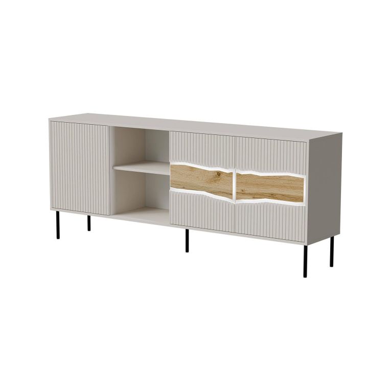 Credenza Viseu, Madia da salotto con tre ante battenti e due vani aperti, Rialzata da terra, 190x40 h80 cm, Beige e Rovere Nodi