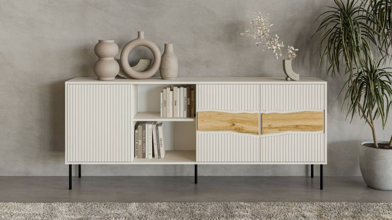 Credenza Viseu, Madia da salotto con tre ante battenti e due vani aperti, Rialzata da terra, 190x40 h80 cm, Beige e Rovere Nodi