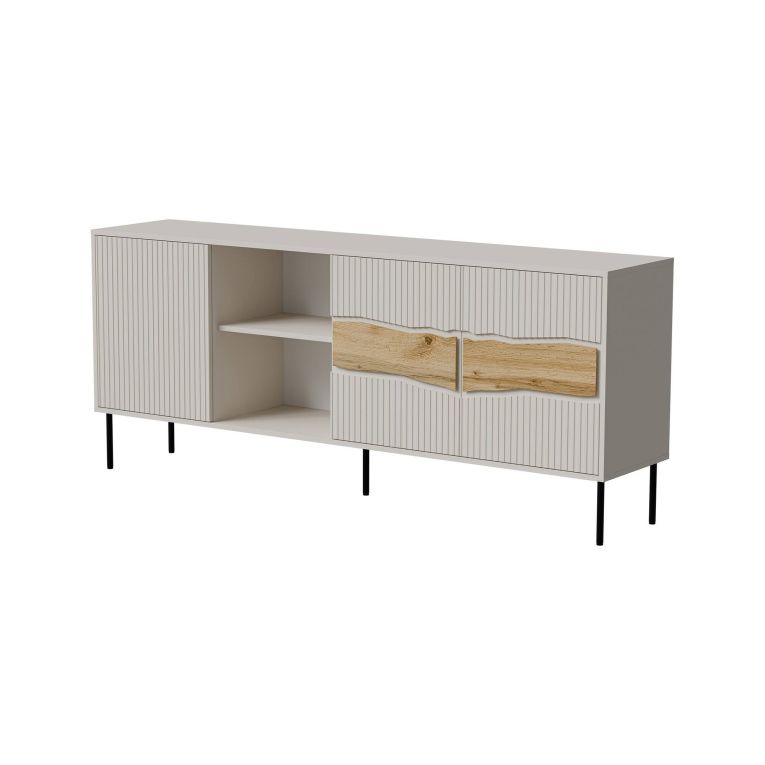 Credenza Viseu, Madia da salotto con tre ante battenti e due vani aperti, Rialzata da terra, 190x40 h80 cm, Beige e Rovere Nodi