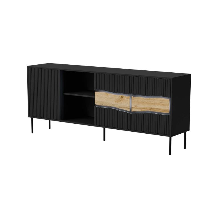 Credenza Viseu, Madia da salotto con tre ante battenti e due vani aperti, Rialzata da terra, 190x40 h80 cm, Nero e Rovere Nodi