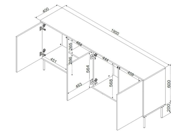 Credenza Viseu, Madia da salotto con tre ante battenti e due vani aperti, Rialzata da terra, 190x40 h80 cm, Nero e Rovere Nodi