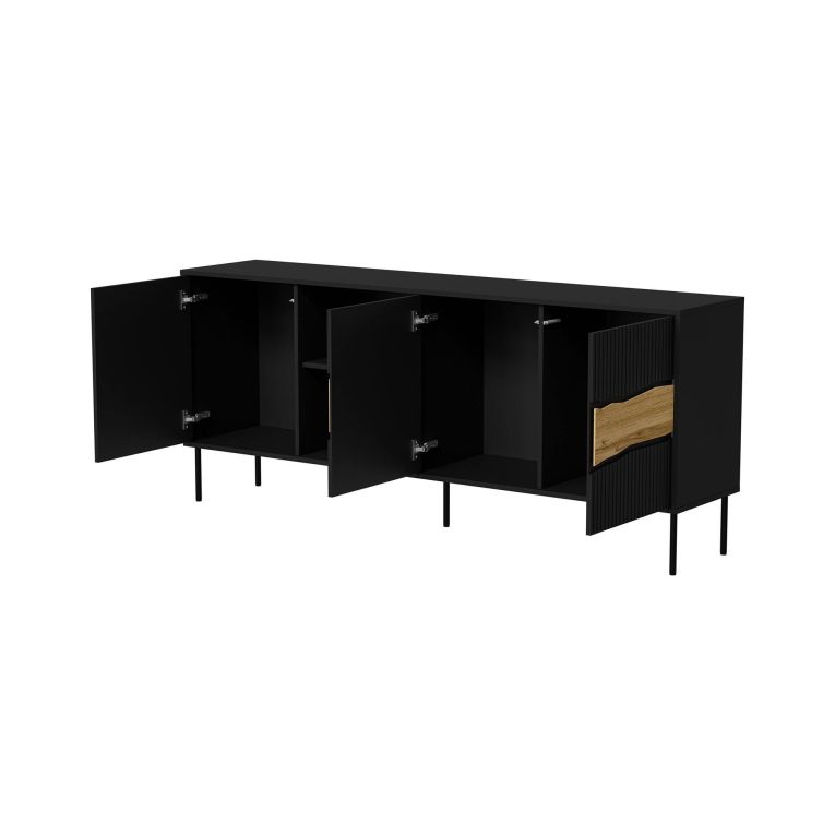 Credenza Viseu, Madia da salotto con tre ante battenti e due vani aperti, Rialzata da terra, 190x40 h80 cm, Nero e Rovere Nodi