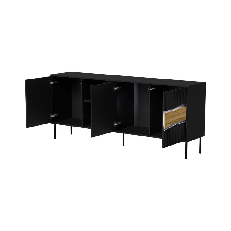 Credenza Viseu, Madia da salotto con tre ante battenti e due vani aperti, Rialzata da terra, 190x40 h80 cm, Nero e Rovere Nodi