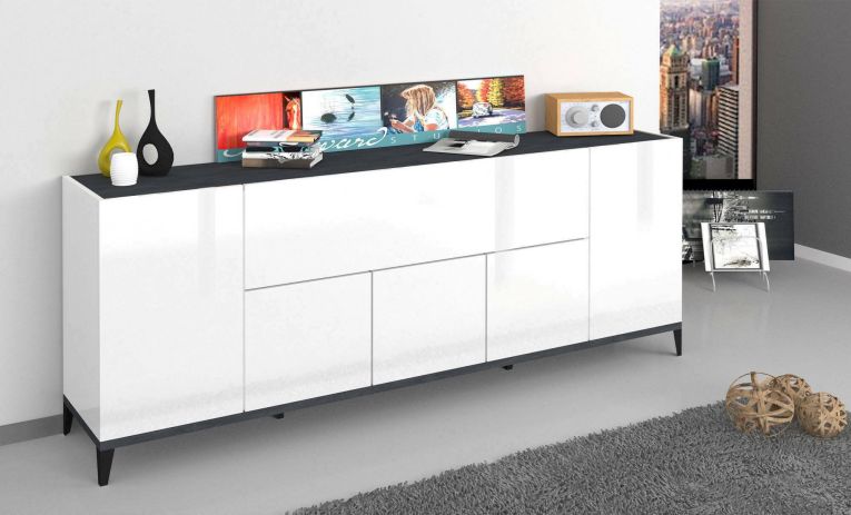 Credenza Vittorio, Madia da cucina a 6 ante, Buffet da soggiorno, 100% Made in Italy, cm 200x40h82, Bianco lucido e Ardesia