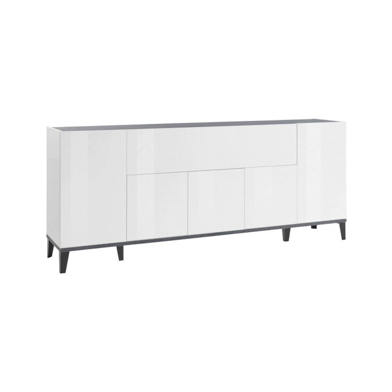 Credenza Vittorio, Madia da cucina a 6 ante, Buffet da soggiorno, 100% Made in Italy, cm 200x40h82, Bianco lucido e Ardesia