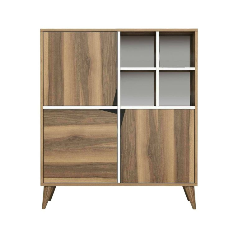 Credenza Wazn, Buffet da soggiorno, Madia da salotto, Dispensa moderna da cucina, 100x30h115 cm, Noce e Bianco
