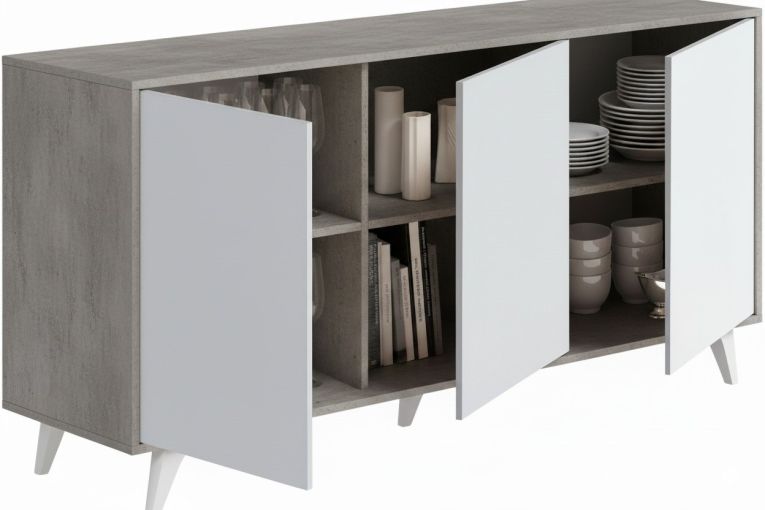 Credenza Weddell, Buffet da soggiorno, Madia da salotto, Dispensa da cucina, 154x40h72 cm, Grigio chiaro e Bianco