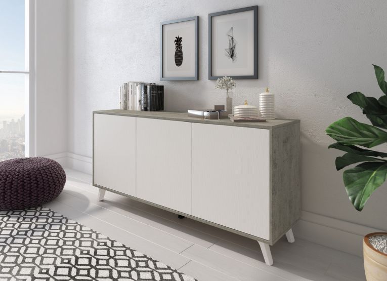 Credenza Weddell, Buffet da soggiorno, Madia da salotto, Dispensa da cucina, 154x40h72 cm, Grigio chiaro e Bianco