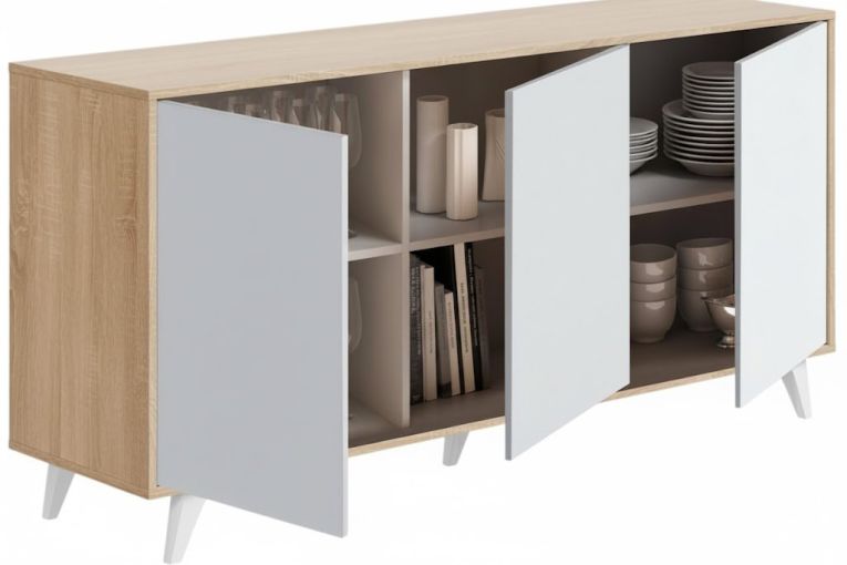 Credenza Weddell, Buffet da soggiorno, Madia da salotto, Dispensa da cucina, 154x40h72 cm, Rovere e Bianco