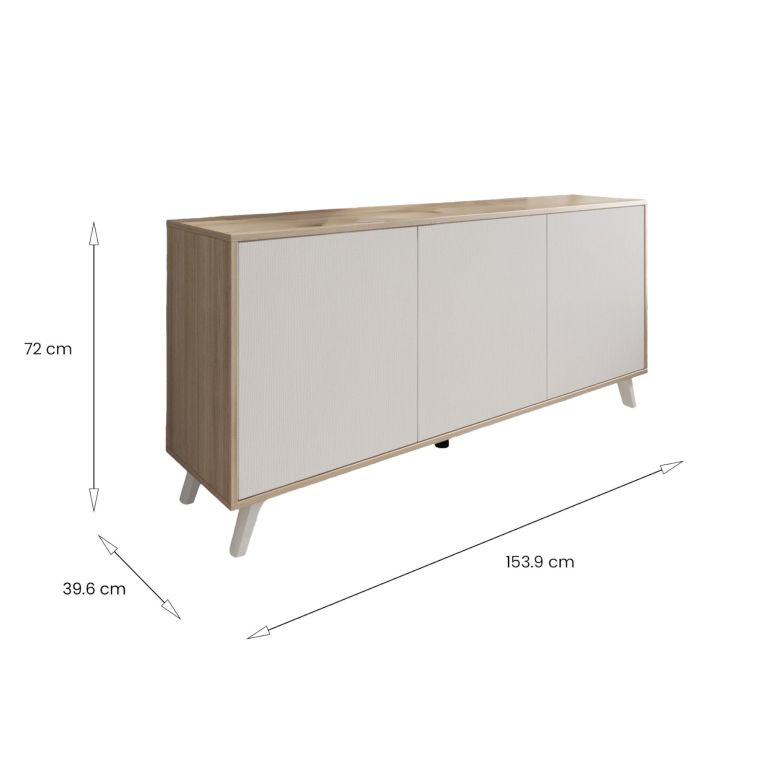 Credenza Weddell, Buffet da soggiorno, Madia da salotto, Dispensa da cucina, 154x40h72 cm, Rovere e Bianco