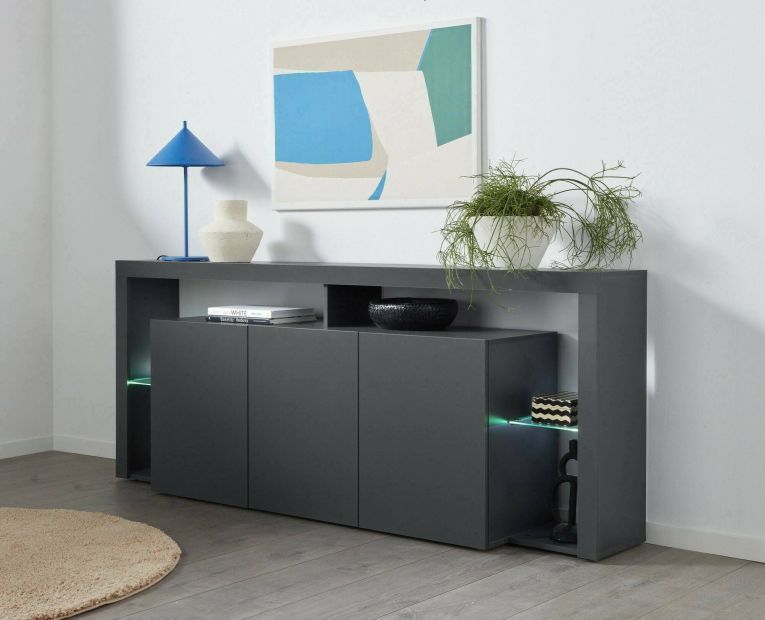 Credenza Willer, Buffet da soggiorno a 3 ante, Madia da salotto, Credenza moderna, 200x40h80 cm, Antracite