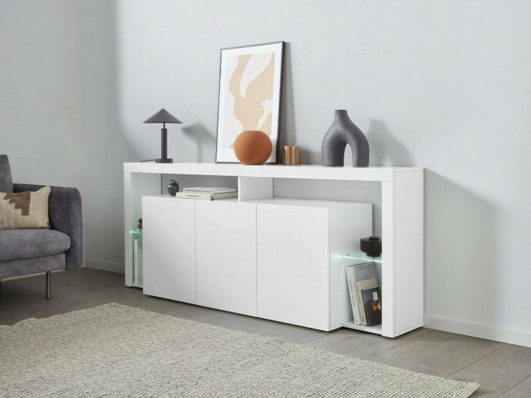 Credenza Willer, Buffet da soggiorno a 3 ante, Madia da salotto, Credenza moderna, Bianco lucido