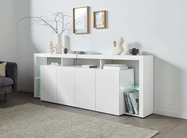 Credenza Wilmer, Buffet da soggiorno a 4 ante, Madia da salotto, Credenza moderna, 220x40h80 cm, Bianco lucido