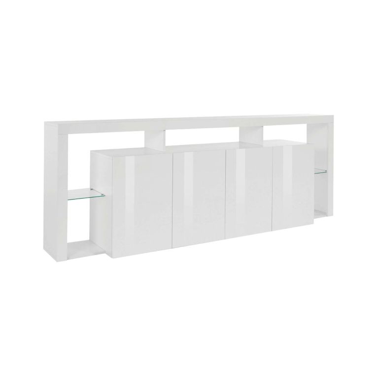 Credenza Wilmer, Buffet da soggiorno a 4 ante, Madia da salotto, Credenza moderna, 220x40h80 cm, Bianco lucido