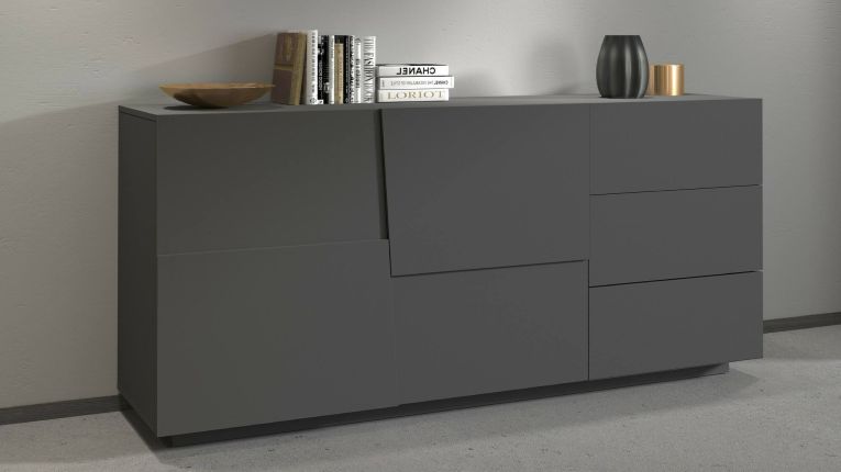 Credenza Xavier, Buffet da soggiorno, Madia da salotto con 2 ante e 3 cassetti, 180x44h86 cm, Antracite