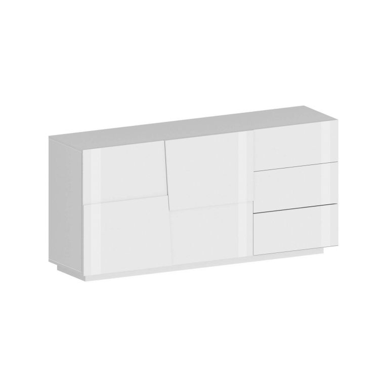 Credenza Xavier, Buffet da soggiorno, Madia da salotto con 2 ante e 3 cassetti, 180x44h86 cm, Bianco lucido
