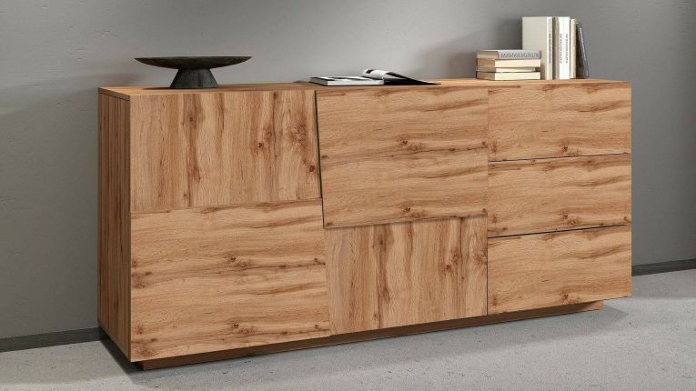 Credenza Xavier, Buffet da soggiorno, Madia da salotto con 2 ante e 3 cassetti, 180x44h86 cm, Rovere