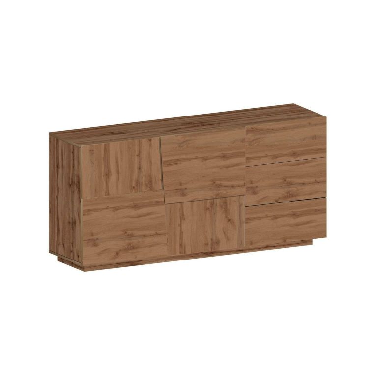 Credenza Xavier, Buffet da soggiorno, Madia da salotto con 2 ante e 3 cassetti, 180x44h86 cm, Rovere