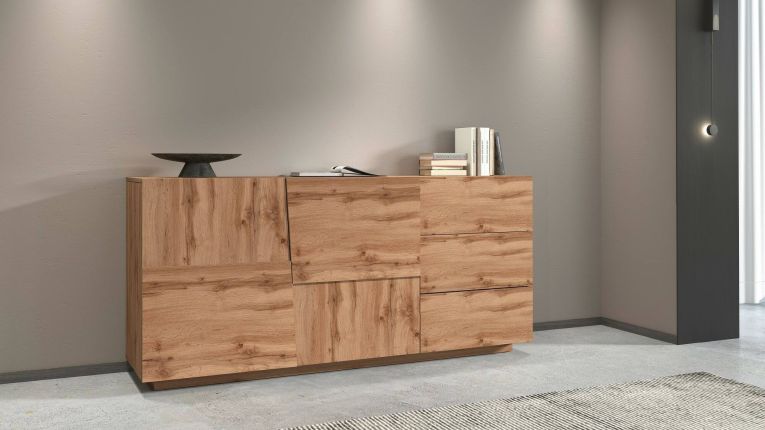 Credenza Xavier, Buffet da soggiorno, Madia da salotto con 2 ante e 3 cassetti, 180x44h86 cm, Rovere