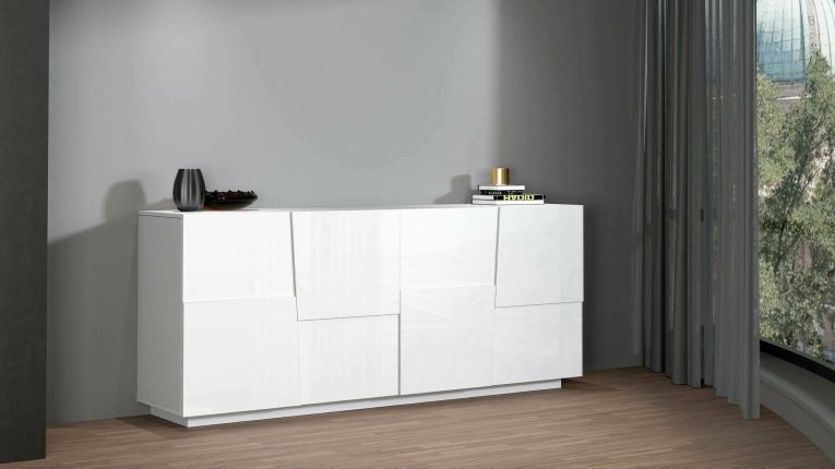 Credenza Yago, Buffet da soggiorno, Madia da salotto moderna con 4 ante, 200x44h86 cm, Bianco lucido