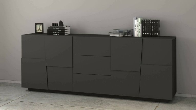 Credenza Yoel, Buffet da soggiorno, Madia da salotto con 4 ante e 3 cassetti, 220x44h86 cm, Antracite