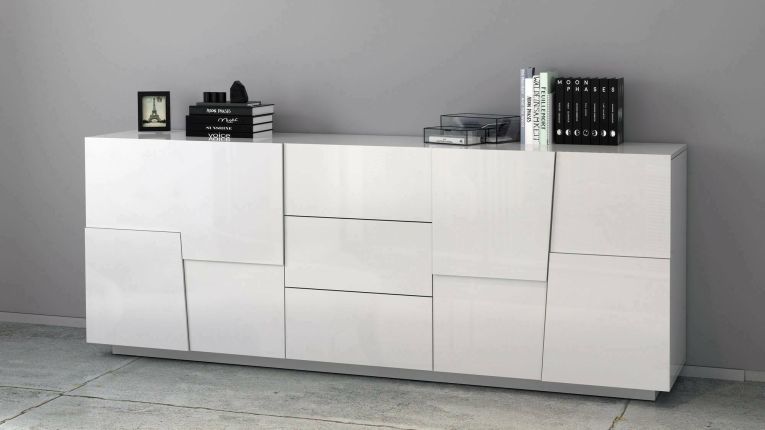 Credenza Yoel, Buffet da soggiorno, Madia da salotto con 4 ante e 3 cassetti, 220x44h86 cm, Bianco lucido