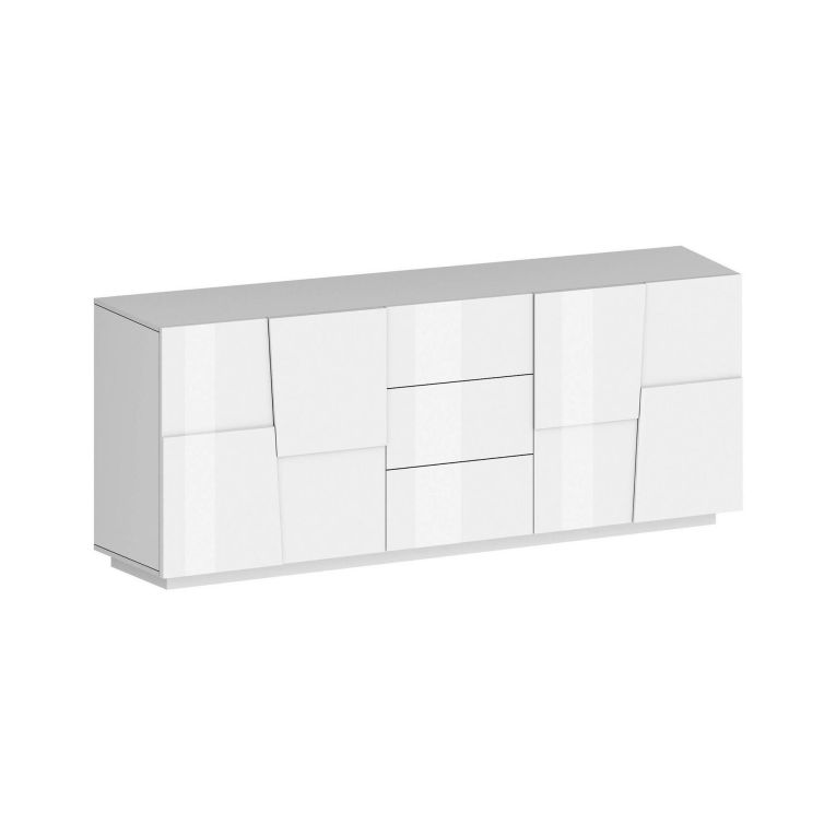 Credenza Yoel, Buffet da soggiorno, Madia da salotto con 4 ante e 3 cassetti, 220x44h86 cm, Bianco lucido
