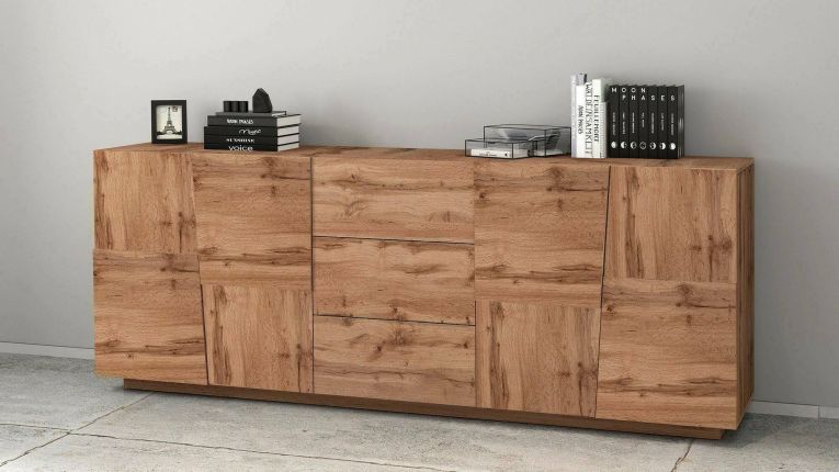 Credenza Yoel, Buffet da soggiorno, Madia da salotto con 4 ante e 3 cassetti, 220x44h86 cm, Rovere