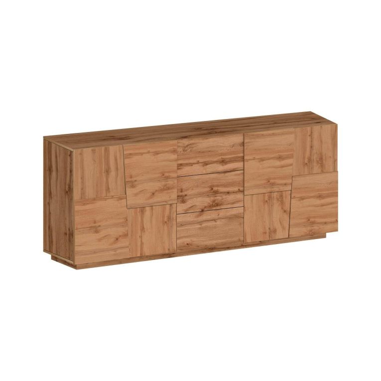 Credenza Yoel, Buffet da soggiorno, Madia da salotto con 4 ante e 3 cassetti, 220x44h86 cm, Rovere