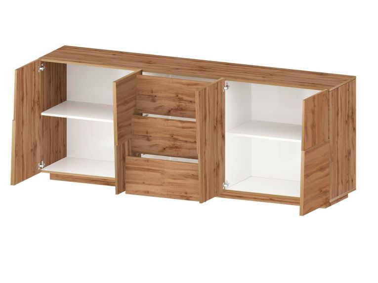 Credenza Yoel, Buffet da soggiorno, Madia da salotto con 4 ante e 3 cassetti, 220x44h86 cm, Rovere
