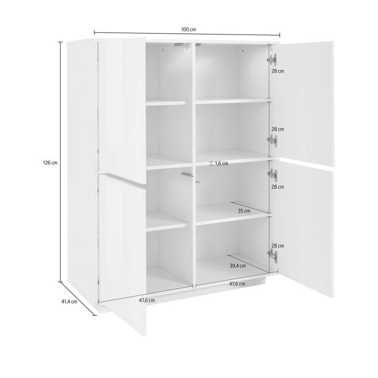Credenza Zaccaria, Madia da cucina a 4 ante, Buffet da soggiorno, 100% Made in Italy, cm 100x41h126, Bianco lucido
