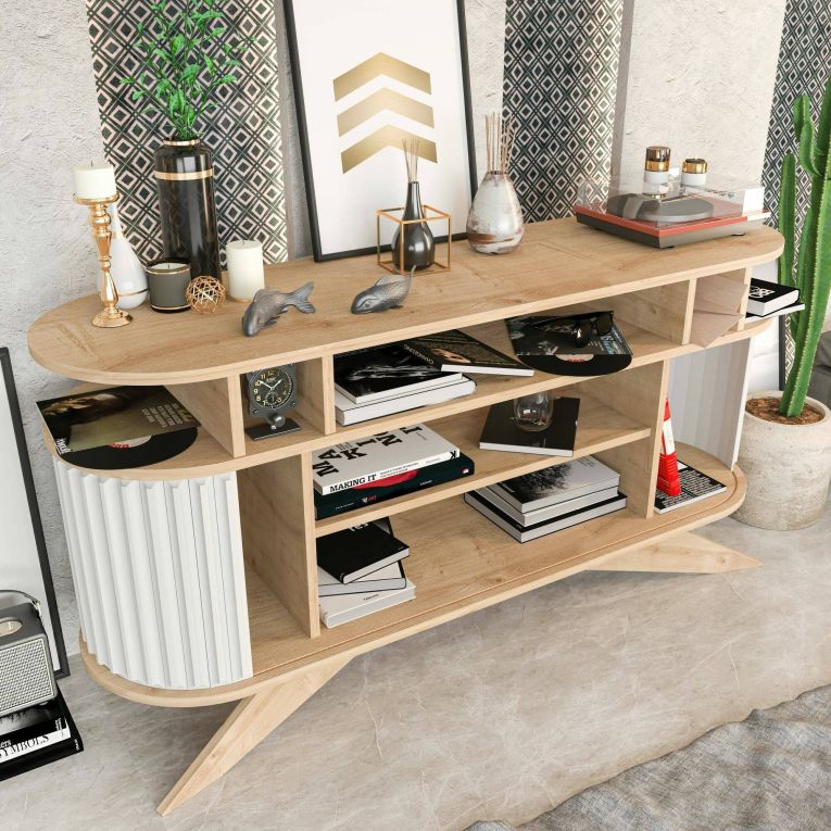 Credenza Zaurak, Buffet da soggiorno, Madia da salotto, Dispensa moderna da cucina, 150x43h75 cm, Quercia e Bianco