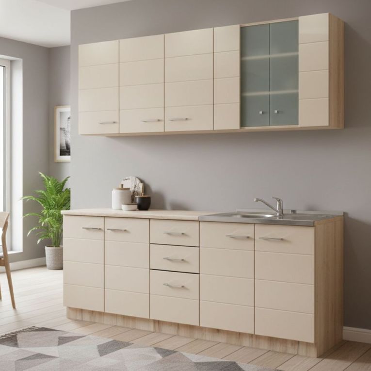 Cucina Beige Marrone Rovere Con cassetti, Elettrodomestici non inclusi, 10 Ante - Ieri