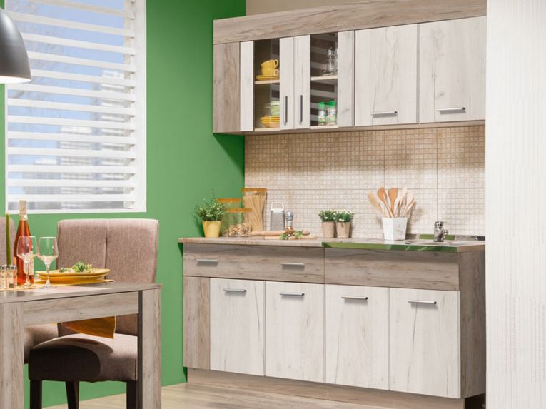 Cucina Beige Marrone Rovere Con cassetto, Elettrodomestici non inclusi, 8 Ante - Interamna