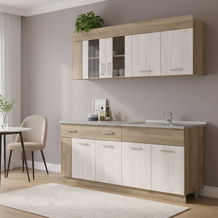Cucina Beige Marrone Rovere Con cassetto, Elettrodomestici non inclusi, 8 Ante - Interamna