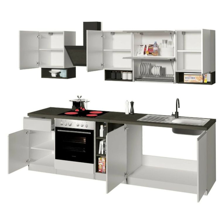 Cucina Bianco Lucido Grigio Ardesia Composizione Con cassetti, Elettrodomestici non inclusi, Made in Italy - Balme