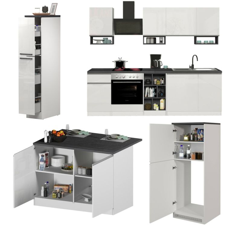 Cucina Bianco Lucido Grigio Ardesia Con cassetti, Elettrodomestici non inclusi, 12 Ante Made in Italy - Balme